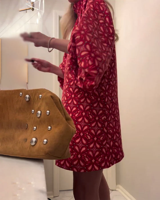 High-Neck Puff-Sleeved Fashionable Printed Dress