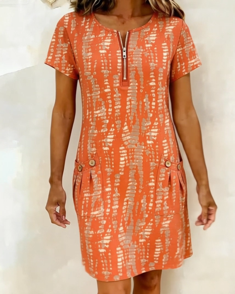 Printed Half-Zip Large Pocket Dresss