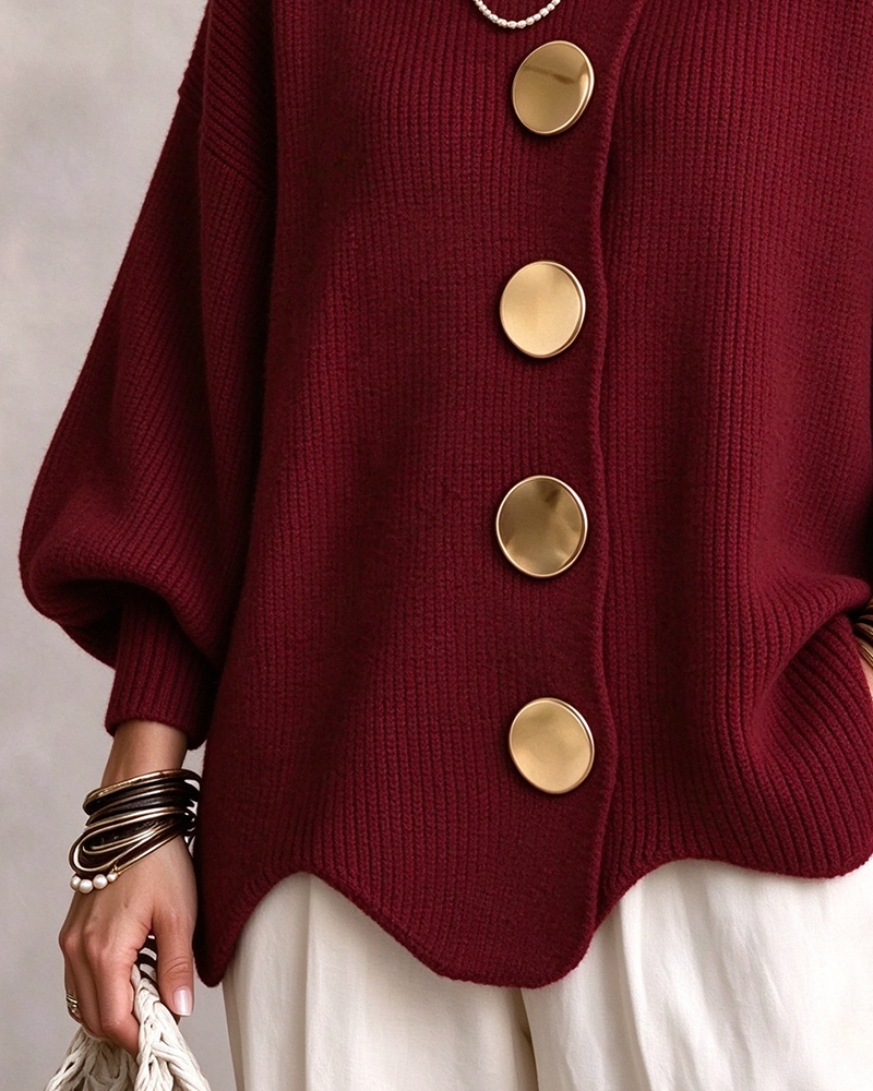 Large Metal Button Lapel Cardigan