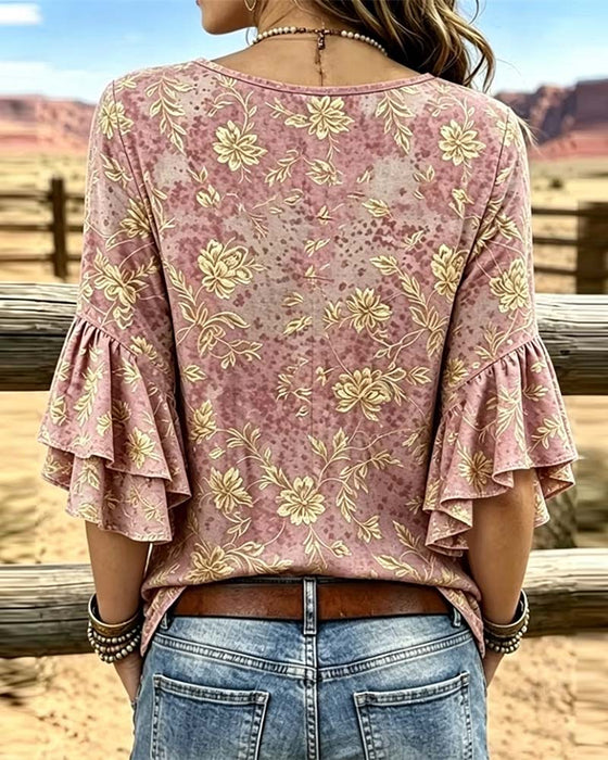 Retro Print Loose Ruffle Blouse