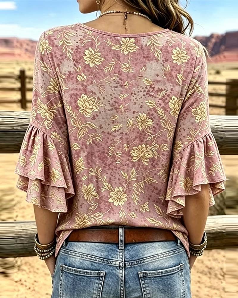 Retro Print Loose Ruffle Blouse