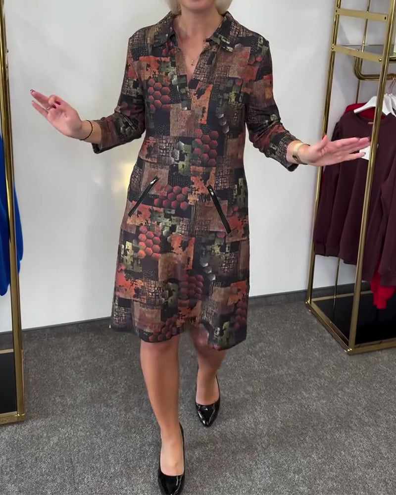 Lapel Vintage Print Short-Sleeved Dress