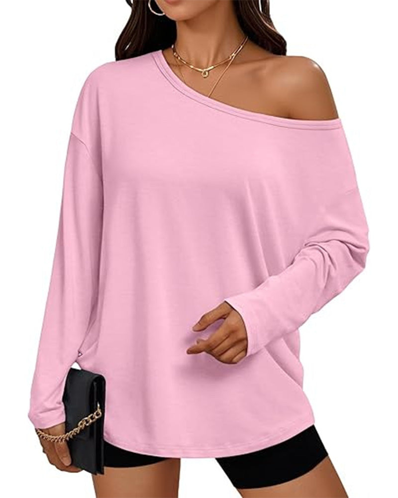 One-Shoulder Solid Long Sleeve T-Shirt
