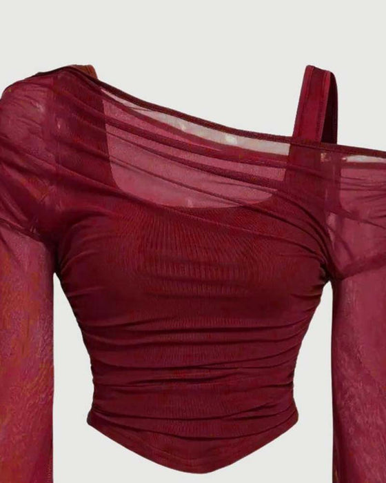 Mesh Ruffled Long Sleeve Cami Blouse