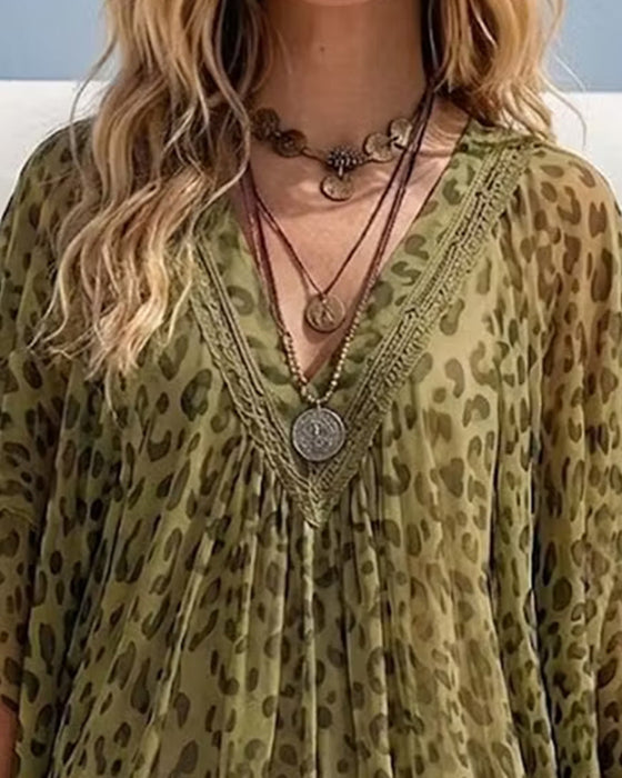 V-Neck Irregular Leopard Blouse