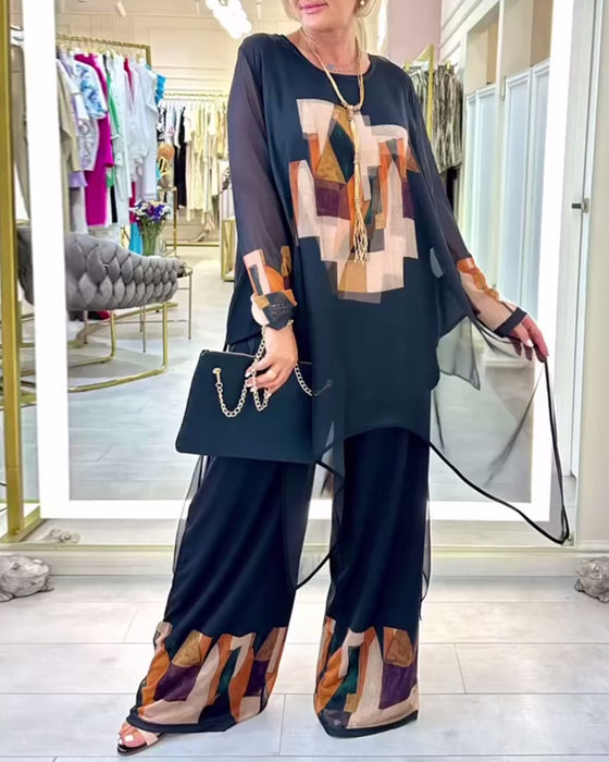 Temperament Long-Sleeved Printed Wide-Leg Suit