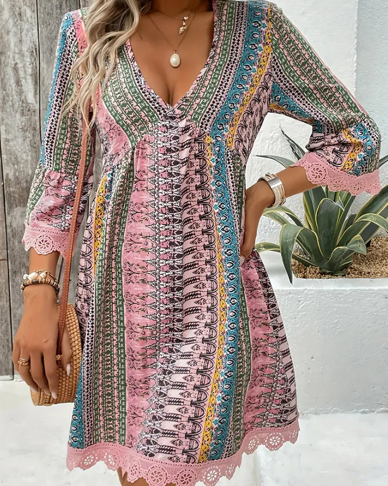 V-Neck Lace Three-Quarter Sleeve Dress