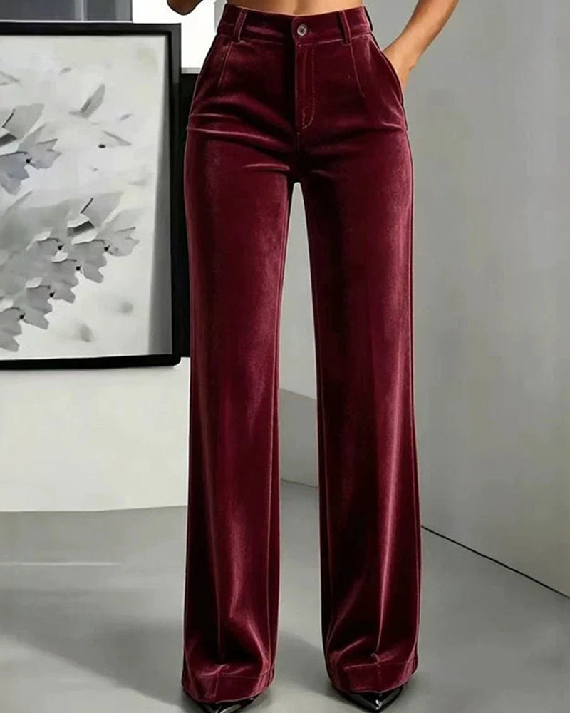 Solid Color Velvet Pocket Long Pants