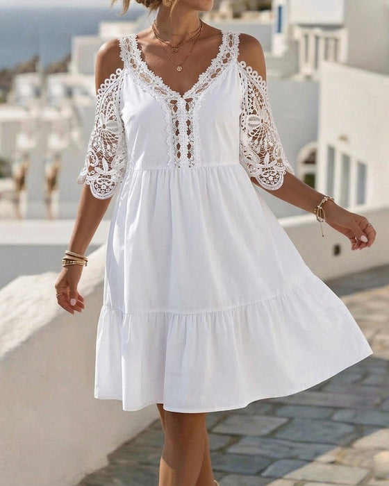 Lace Off-Shoulder Tiered Short Dresses