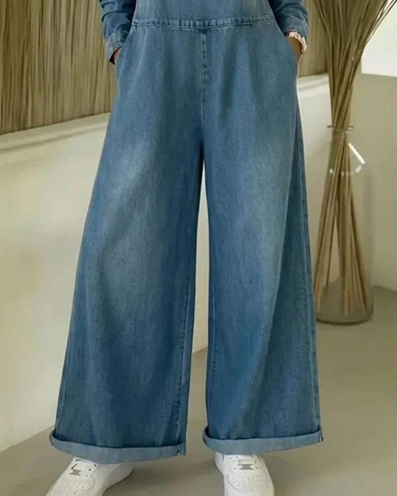 Off-Shoulder Strap Denim Jumpsuit