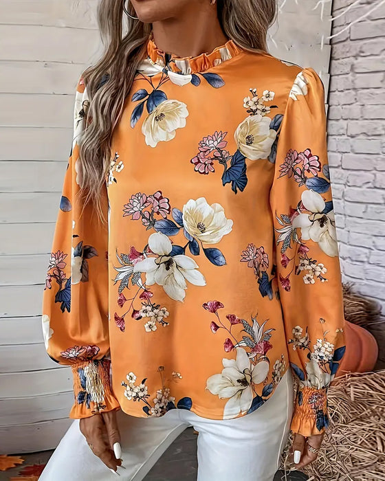 Balloon-Sleeve Floral Blouse