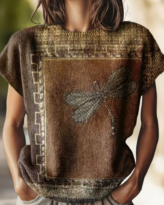 Dragonfly Print Round Neck Short Sleeve Pullover
