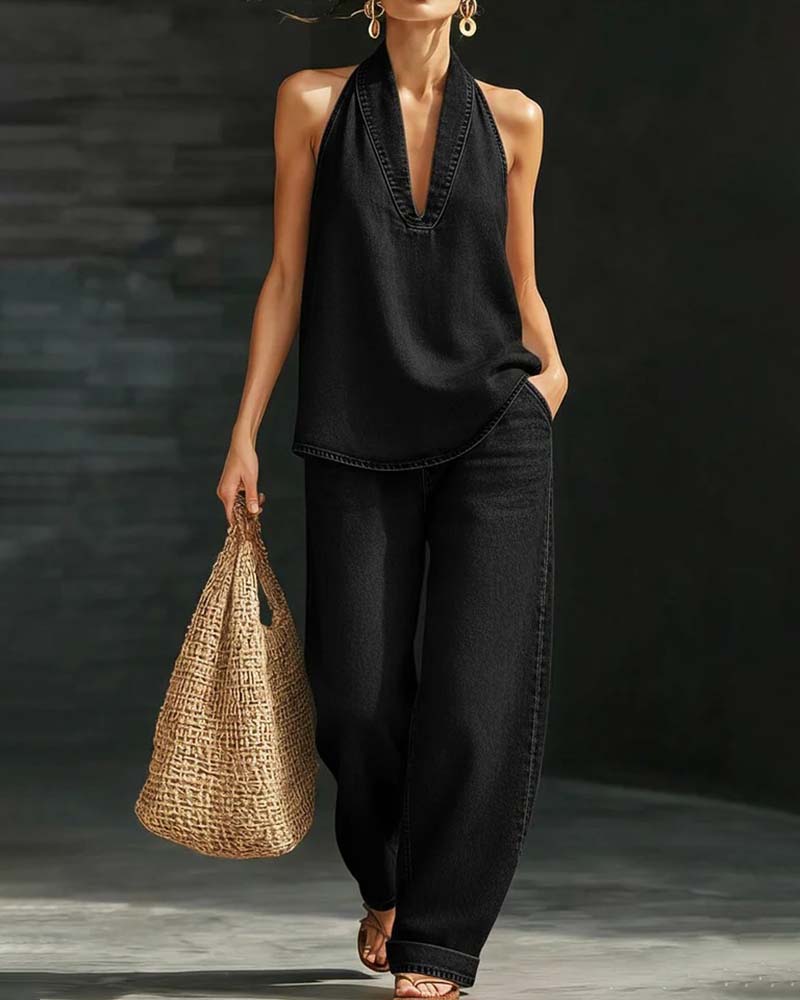 Fashion Halter Neck Denim Set