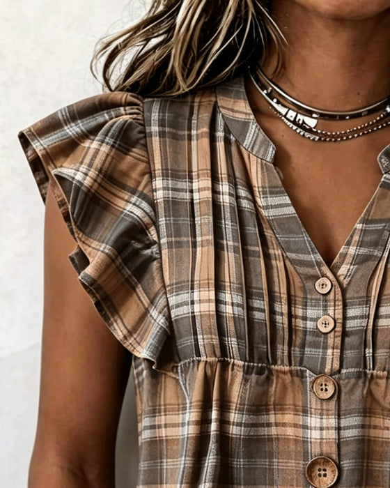 Brown Gingham Flutter Sleeve Blouse