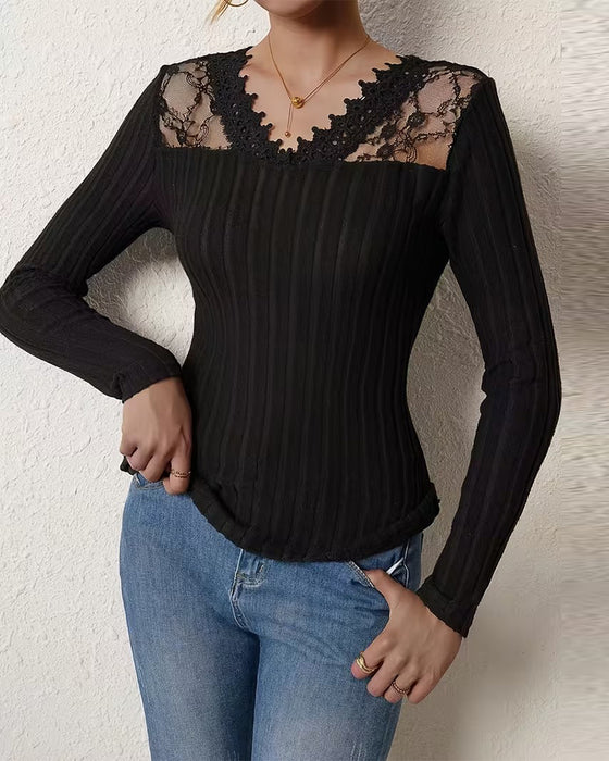 Elegant Lace Solid Color Slim Fit V-Neck T-Shirt
