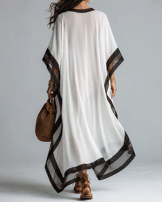 Deep V Batwing Sleeve Color Block Irregular Long Dress