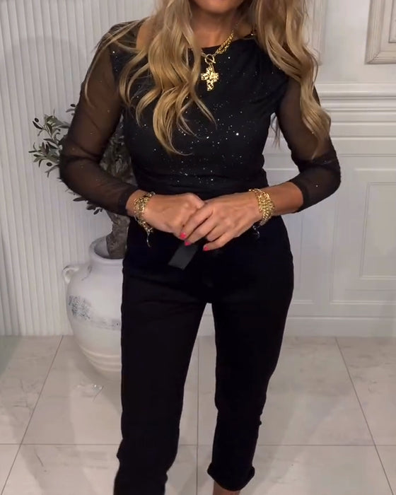 Long-Sleeved Sequined Patchwork Top