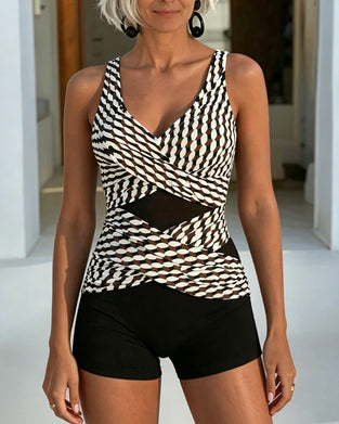 Geometric Print Crisscross Design One Piece Swimsuit