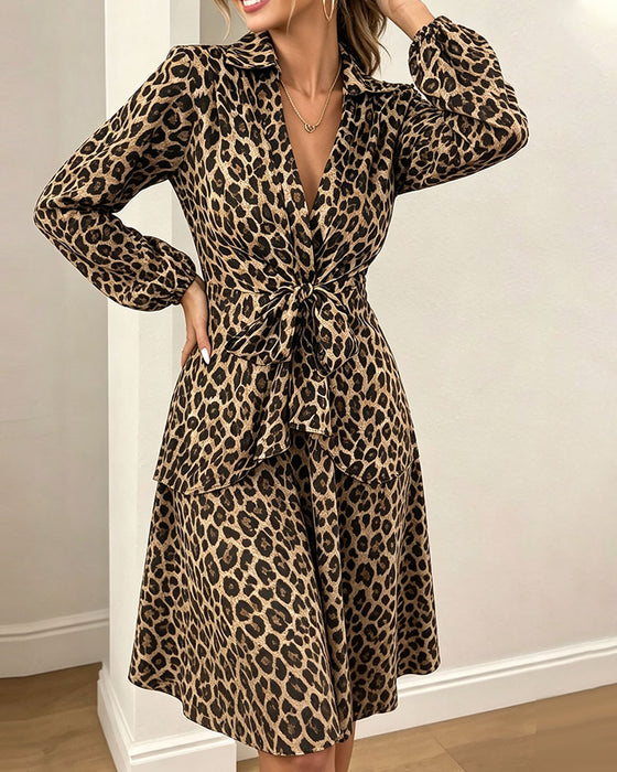 Leopard Print Lapel Waist Strapped Shirt Dress
