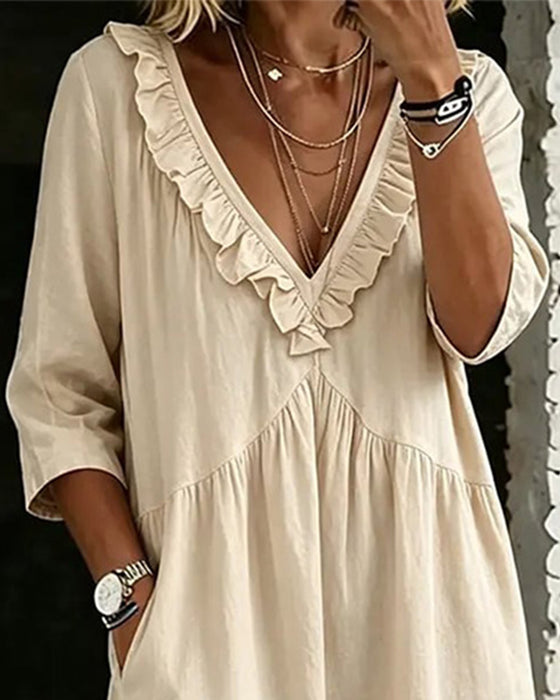 Ruffle V-Neck Three-Quarter Sleeve Dresses