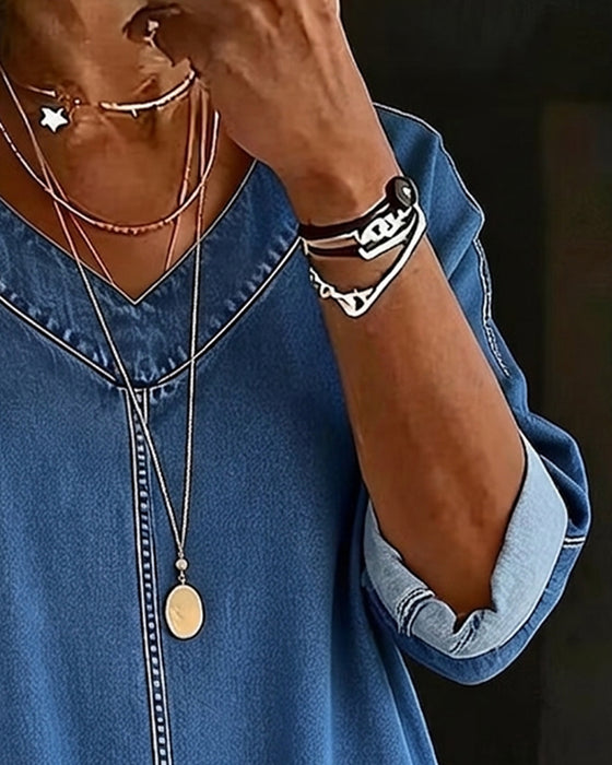 V-Neck Loose Denim Blouse