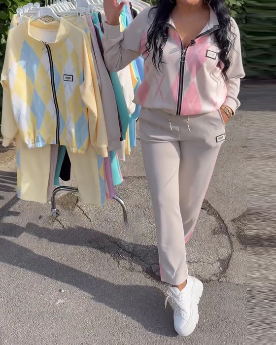 Plaid Zip-Up Top And Trousers Two-Piece Set