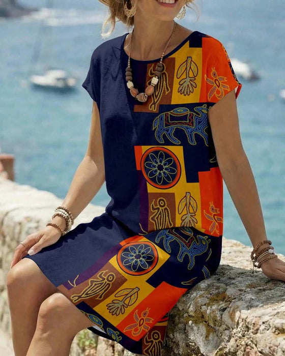 Ethnic Print Short-Sleeve Straight Dresses