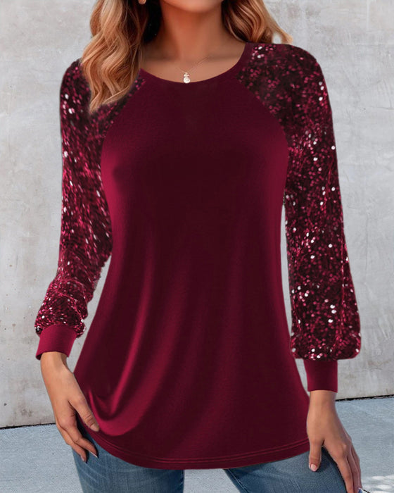 Casual solid color round neck sequined lantern sleeve top