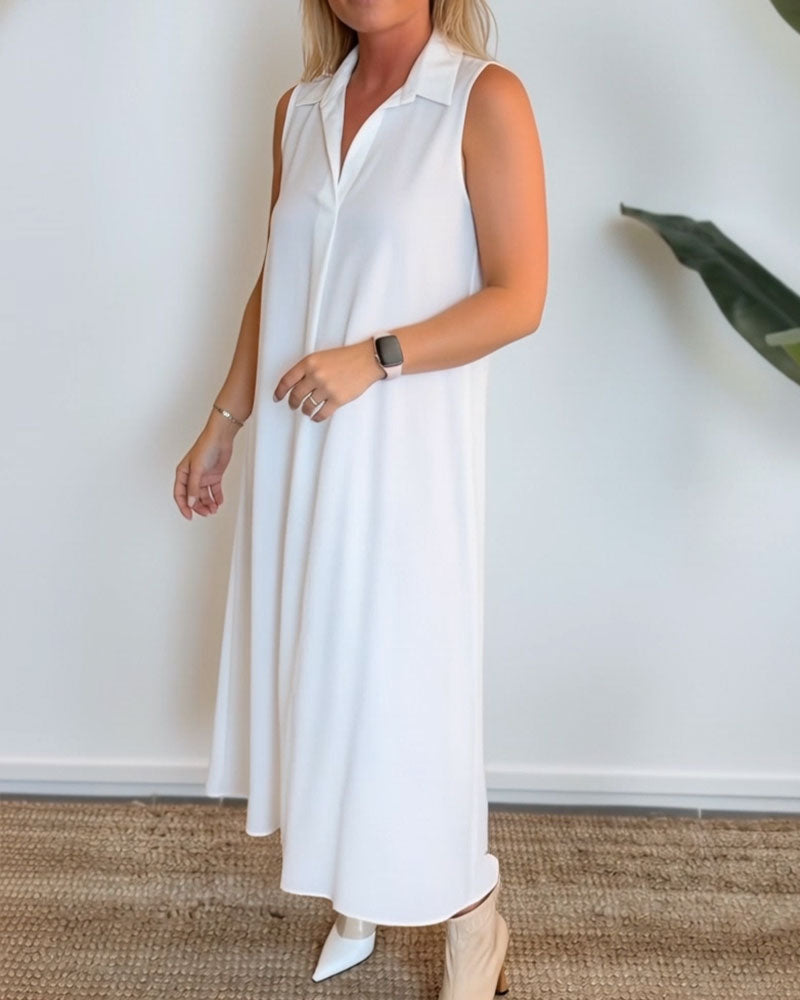 Lapel V-Neck Sleeveless Dress
