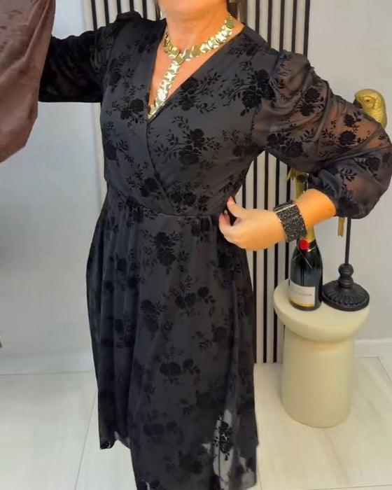 Floral V-Neck Long-Sleeved A-Hem Dress