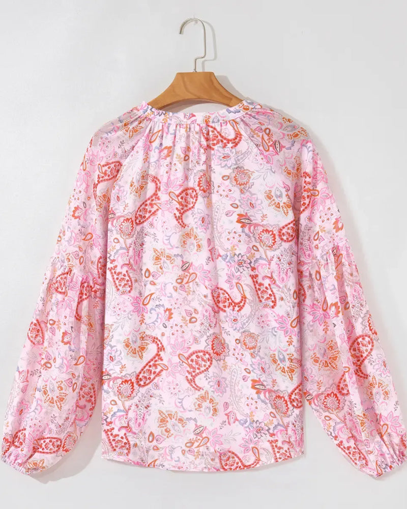 Lantern Sleeve Printed V-Neck Blouse