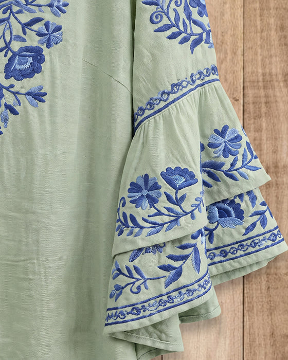 V-Neck Two-Tier Ruffle Bell Sleeve Blouse