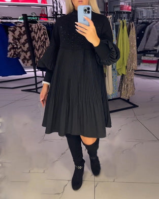 Balloon sleeve stand collar dress