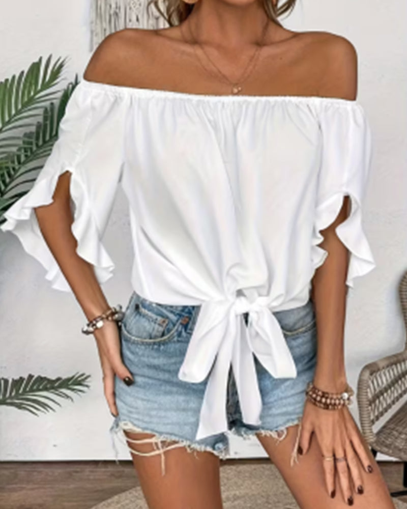 Off-Shoulder Bow Flare Sleeve Blouse
