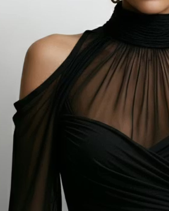 High Neck Cold Shoulder Cross Shirred Top