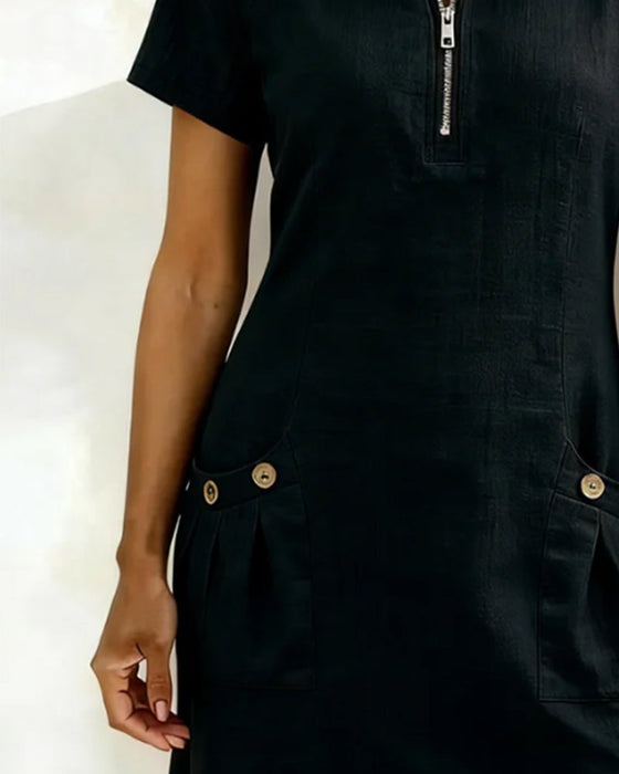 Zipper Pocket Cotton Linen Dress