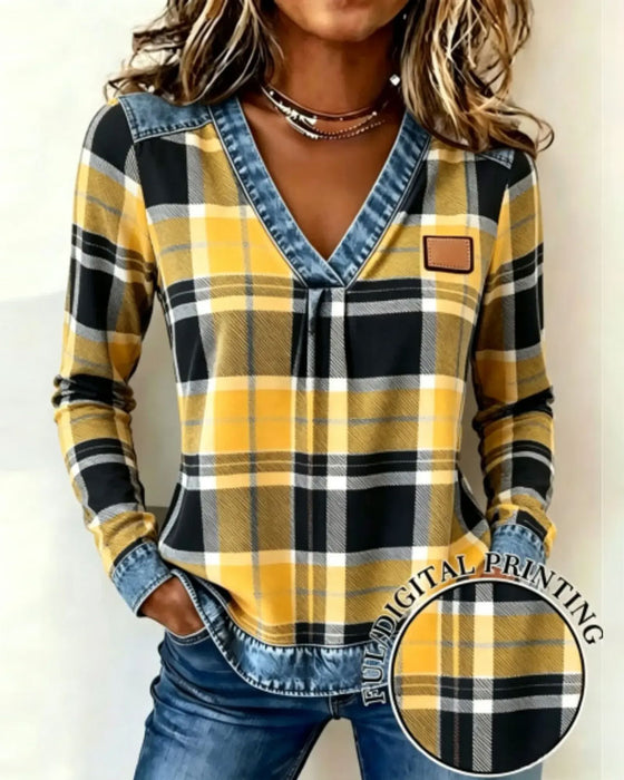 V-Neck Plaid Denim Patchwork Top