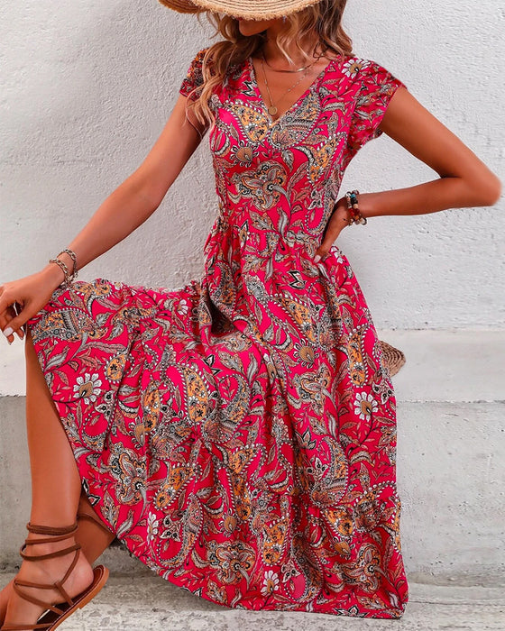 Short-sleeved floral V-neck dress
