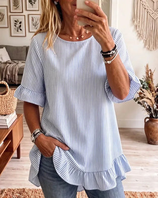 Stripe Crewneck Ruffle T-Shirts