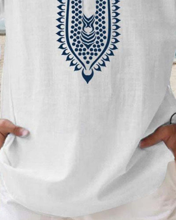 Ethnic Blue Print Mandarin Collar Shirts