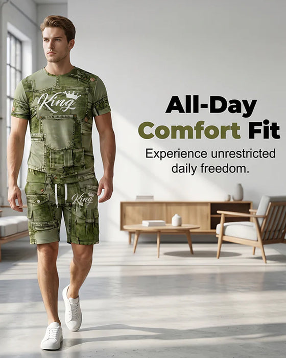 Men's Round Neck Monogram T-Shirt Drawstring Shorts Set