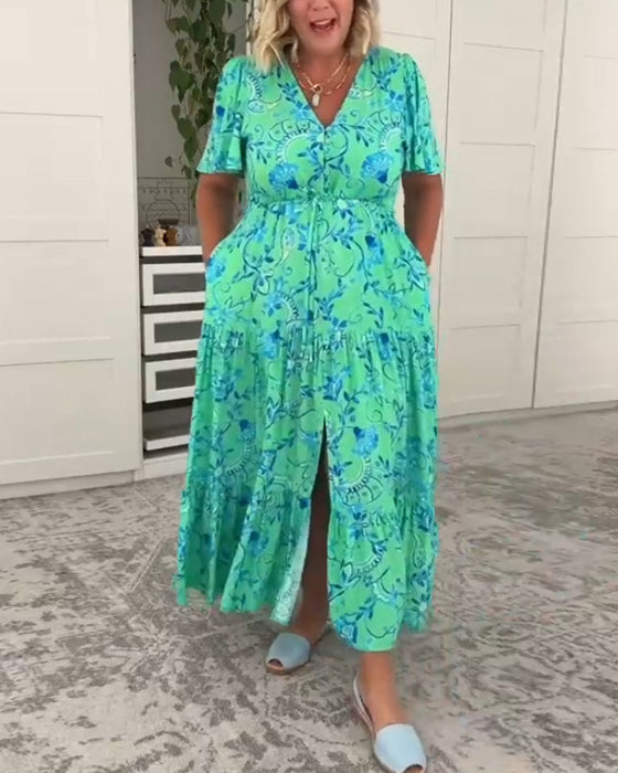 Short-sleeved pocket printed dress