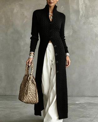 Stand Collar Cable Button Long Cardigan