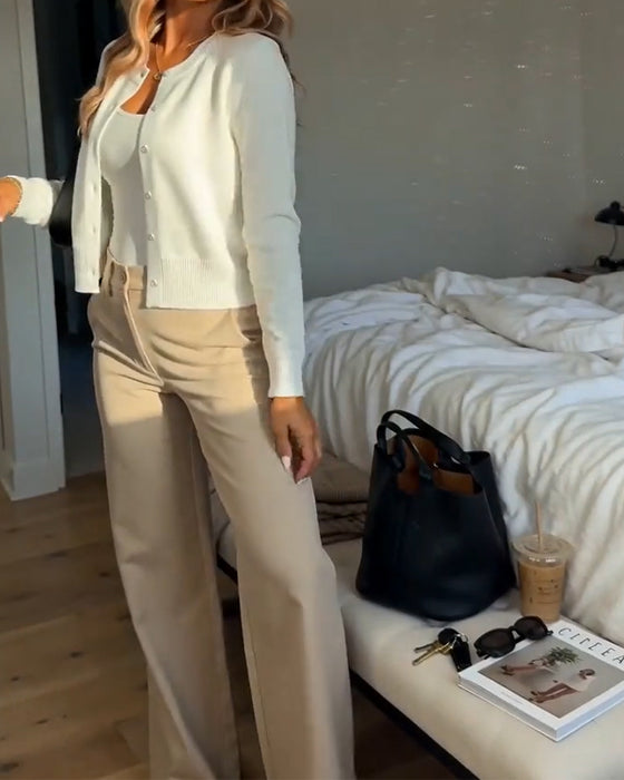Solid Color Crew Neck Buckle Cardigan