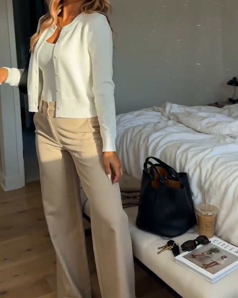Solid Color Crew Neck Buckle Cardigan