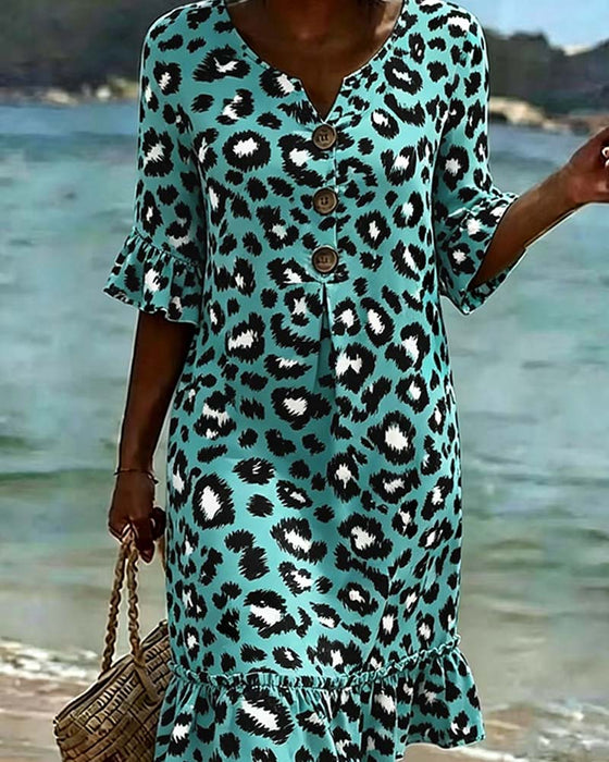 Leopard Print V-Neck Ruffled Dress