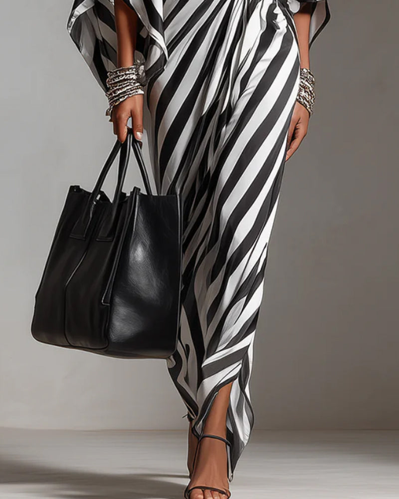 Off-Shoulder Batwing Sleeve Stripe Long Dress