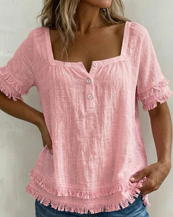 Square Neck Half-Placket Fringe Blouse
