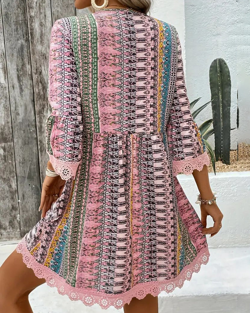 V-Neck Lace Three-Quarter Sleeve Dress
