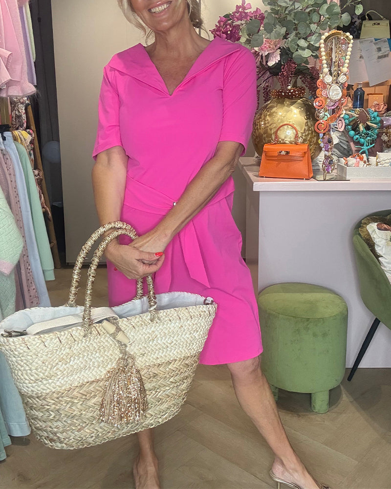 Solid Color Lapel V-Neck Waist Dress